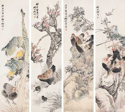 何煜 花鸟 四屏